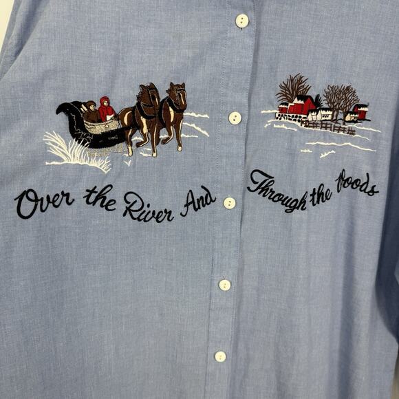 Falls Creek Christmas Embroidered Button Up Shirt Chambray size 22W Vintage - Picture 2 of 9